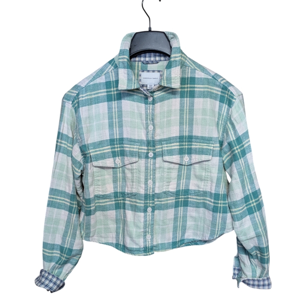 American Eagle Cropped Flannel Cotton Shirt Green Plaid Size Small - Picture 7 of 7